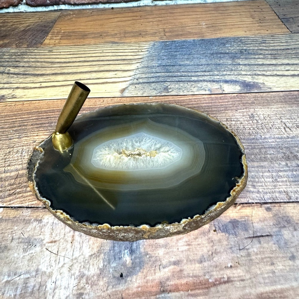 Vintage Pen Holder Rest‎ Polished Rock Quartz Agate Geode Slice MCM Office Decor